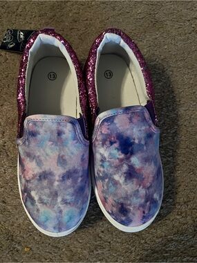 Girls' Tie-Dye Slip-On Sneakers with purple Pink Glitter Trim bnwt